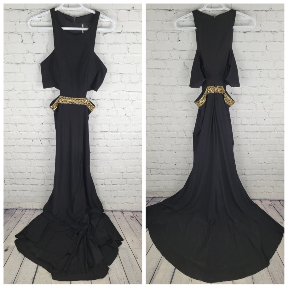 MAC DUGGAL | high neck side cutout sequin waist front slit train formal gown